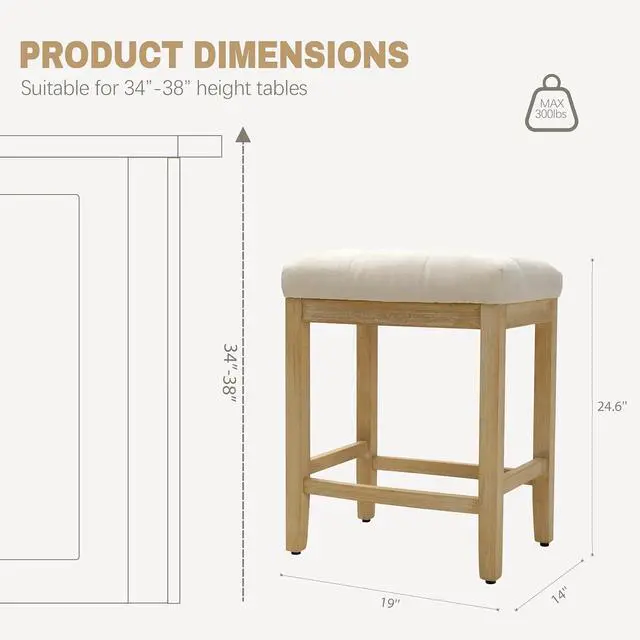 Alt view image 2 of 7 - Counter Height Bar Stools Set of 4 for Kitchen Counter Farmhouse Modern Backless Barstools with Fabric Upholstered Seat and Solid Wood Legs 24 inch Bar Chairs, Beige + Wood Color