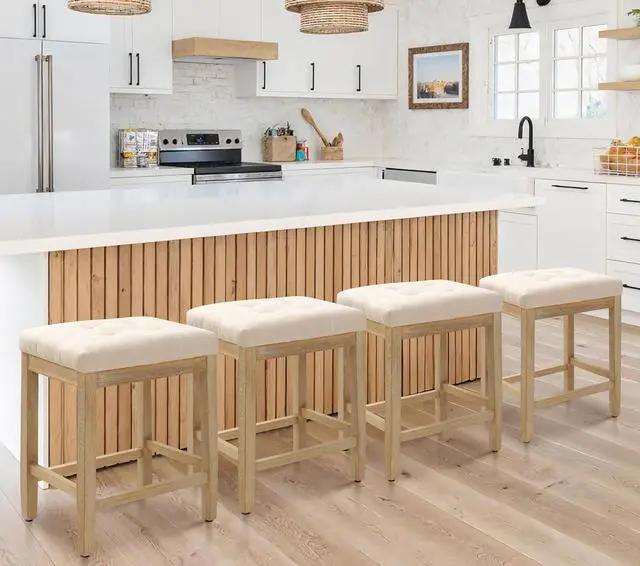 Main image of Counter Height Bar Stools Set of 4 for Kitchen Counter Farmhouse Modern Backless Barstools with Fabric Upholstered Seat and Solid Wood Legs 24 inch Bar Chairs, Beige + Wood Color