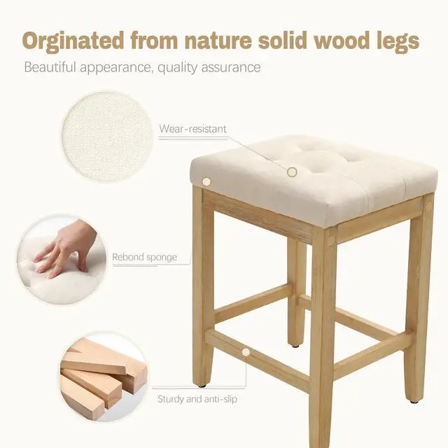 Alt view image 5 of 7 - Counter Height Bar Stools Set of 4 for Kitchen Counter Farmhouse Modern Backless Barstools with Fabric Upholstered Seat and Solid Wood Legs 24 inch Bar Chairs, Beige + Wood Color