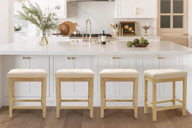 Alt view image 6 of 7 - Counter Height Bar Stools Set of 4 for Kitchen Counter Farmhouse Modern Backless Barstools with Fabric Upholstered Seat and Solid Wood Legs 24 inch Bar Chairs, Beige + Wood Color
