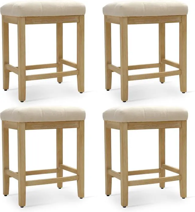 Alt view image 7 of 7 - Counter Height Bar Stools Set of 4 for Kitchen Counter Farmhouse Modern Backless Barstools with Fabric Upholstered Seat and Solid Wood Legs 24 inch Bar Chairs, Beige + Wood Color