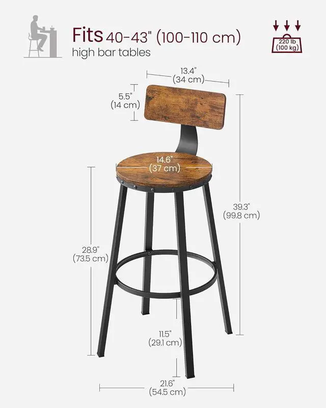 Alt view image 3 of 7 - VASAGLE Bar Stools Set of 2, Bar Height Stools, 28.9 Inches Counter Barstools Chairs with Back for Dining Kitchen Island, Steel Frame, Industrial Style, Easy Assembly, Rustic Brown and Ink Black