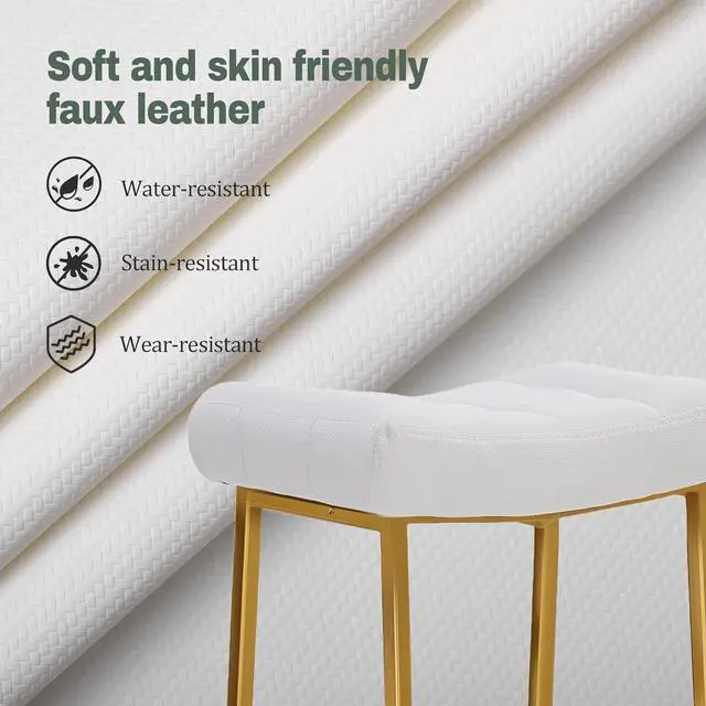 Alt view image 4 of 7 - White & Gold Counter Height Bar Stools Set of 3 for Kitchen Counter Modern Backless Barstools with Upholstered Faux Leather Seat and Metal Frame Industrial 24 inch Bar Chairs
