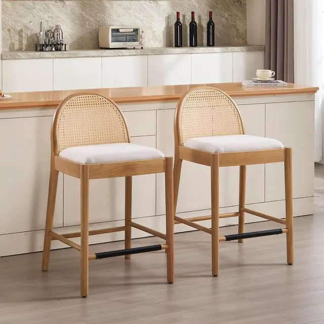 Main image of HEAH-YO Rattan Counter Stools Set of 2, 26 Inches Counter Height Bar Stools with Rattan Backs and Wood Legs, Uphlostered Linen Fabric Counter Height Stool for Kitchen Island, Beige
