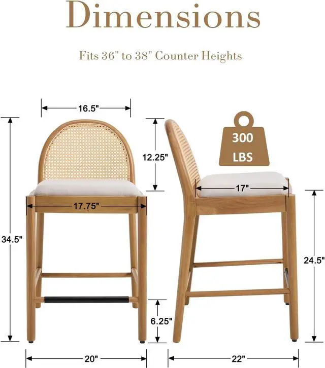 Alt view image 2 of 7 - HEAH-YO Rattan Counter Stools Set of 2, 26 Inches Counter Height Bar Stools with Rattan Backs and Wood Legs, Uphlostered Linen Fabric Counter Height Stool for Kitchen Island, Beige