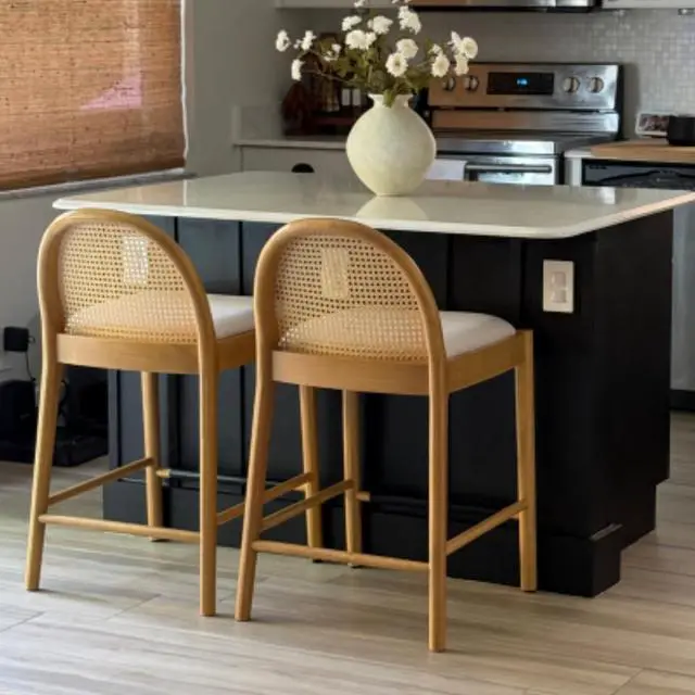 Alt view image 3 of 7 - HEAH-YO Rattan Counter Stools Set of 2, 26 Inches Counter Height Bar Stools with Rattan Backs and Wood Legs, Uphlostered Linen Fabric Counter Height Stool for Kitchen Island, Beige