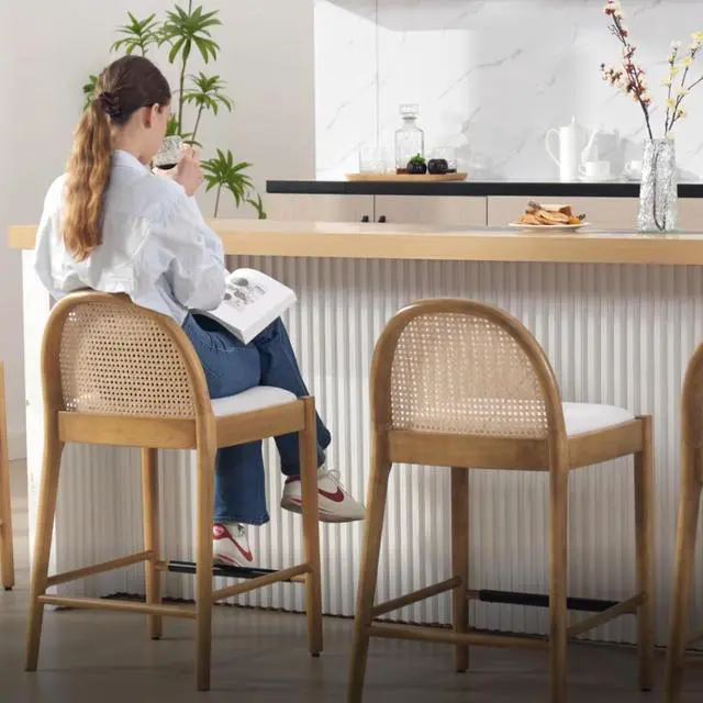 Alt view image 4 of 7 - HEAH-YO Rattan Counter Stools Set of 2, 26 Inches Counter Height Bar Stools with Rattan Backs and Wood Legs, Uphlostered Linen Fabric Counter Height Stool for Kitchen Island, Beige