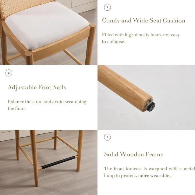 Alt view image 6 of 7 - HEAH-YO Rattan Counter Stools Set of 2, 26 Inches Counter Height Bar Stools with Rattan Backs and Wood Legs, Uphlostered Linen Fabric Counter Height Stool for Kitchen Island, Beige