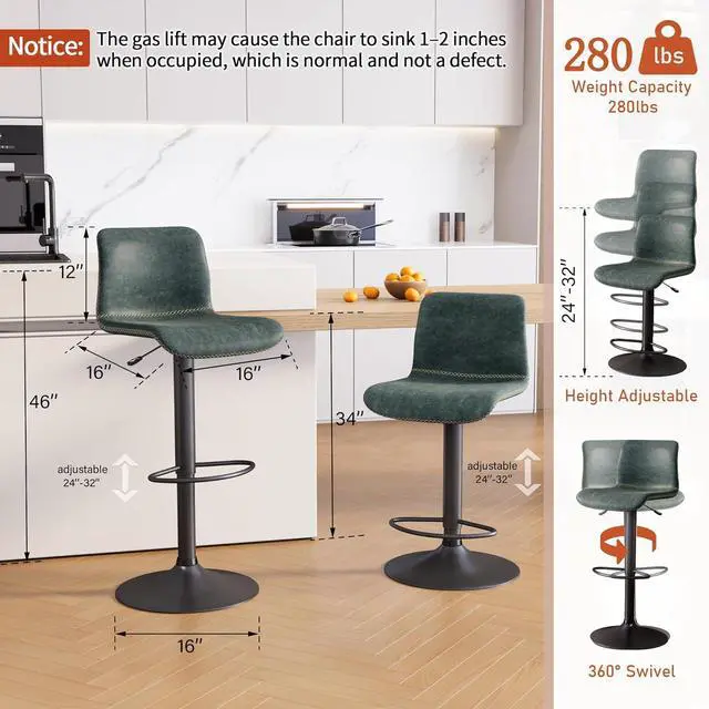 Alt view image 2 of 6 - HeuGah Swivel Bar Stools Set of 2, Adjustable Counter Height Barstools with Back, Faux Leather Bar Chairs for Kitchen Island (Deep Teal, Set of 2 (24'' to 32''))