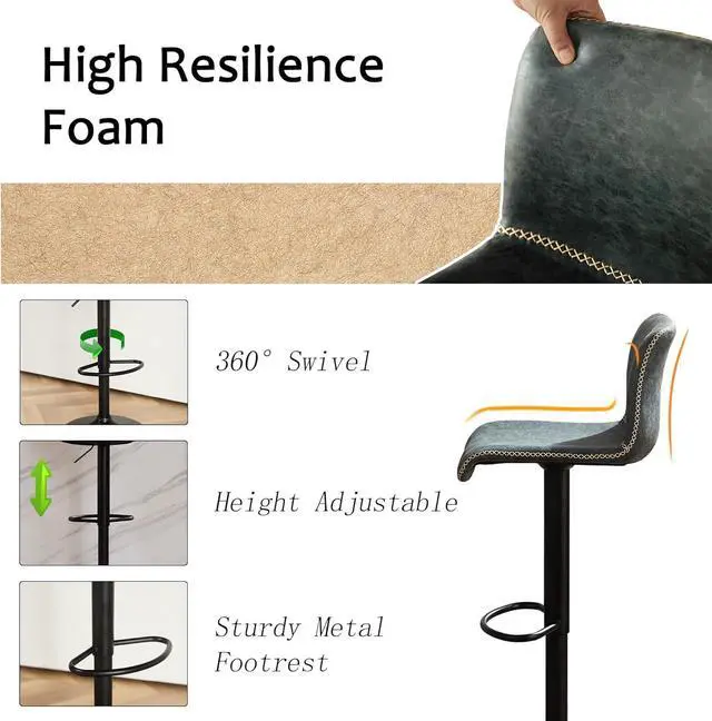 Alt view image 5 of 6 - HeuGah Swivel Bar Stools Set of 2, Adjustable Counter Height Barstools with Back, Faux Leather Bar Chairs for Kitchen Island (Deep Teal, Set of 2 (24'' to 32''))