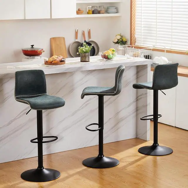 Alt view image 6 of 6 - HeuGah Swivel Bar Stools Set of 2, Adjustable Counter Height Barstools with Back, Faux Leather Bar Chairs for Kitchen Island (Deep Teal, Set of 2 (24'' to 32''))