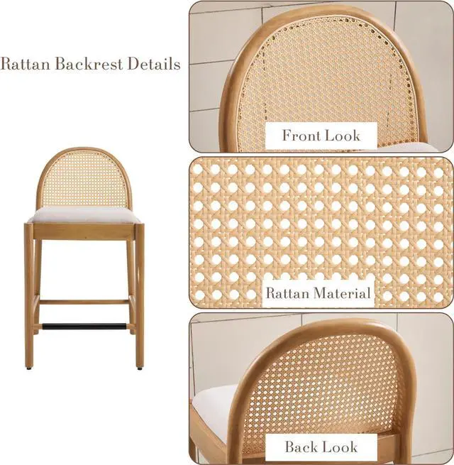 Alt view image 5 of 7 - HEAH-YO Rattan Counter Stools Set of 2, 26 Inches Counter Height Bar Stools with Rattan Backs and Wood Legs, Uphlostered Linen Fabric Counter Height Stool for Kitchen Island, Beige