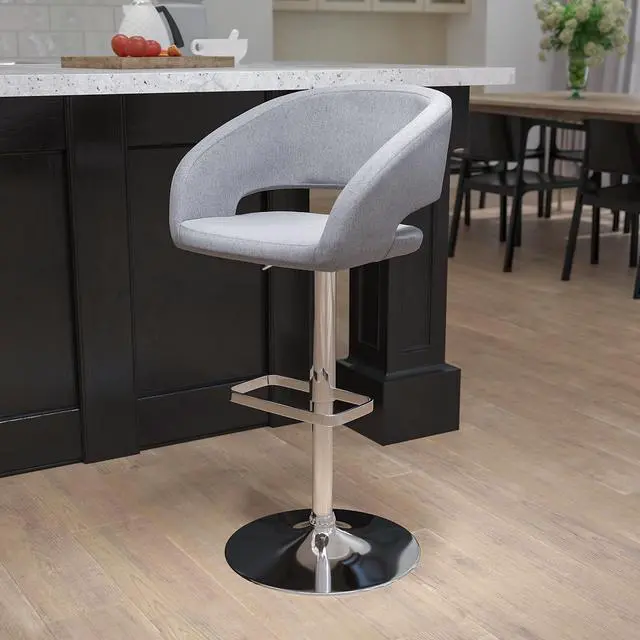 Alt view image 2 of 7 - Flash Furniture Erik Contemporary Adjustable Height Barstool with Footrest and Rounded Mid-Back, Upholstered Bar or Counter Height Stool, Gray/Chrome