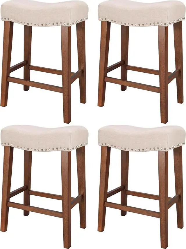 Main image of PrimeZone Counter Height Bar Stools Set of 4 - Backless Saddle Barstools with 4.3" Thick Upholstered, Nailhead Trim Linen Fabric & Solid Wood Legs, 24 Inch Counter Stools for Kitchen Island, Beige