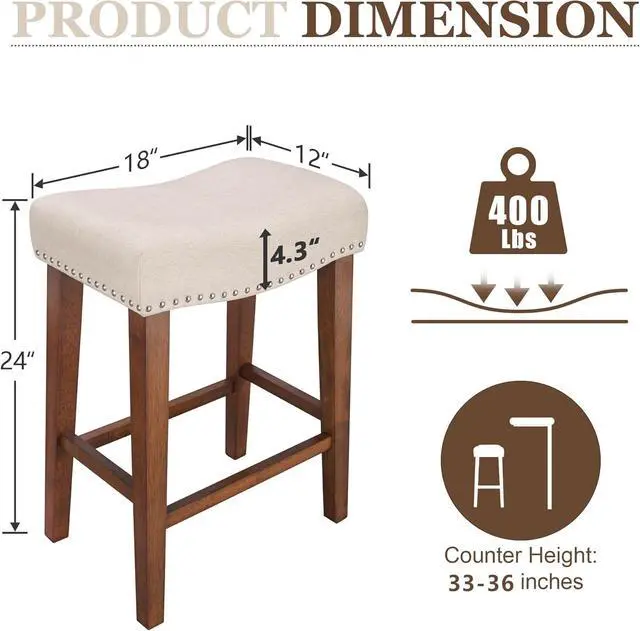 Alt view image 3 of 7 - PrimeZone Counter Height Bar Stools Set of 4 - Backless Saddle Barstools with 4.3" Thick Upholstered, Nailhead Trim Linen Fabric & Solid Wood Legs, 24 Inch Counter Stools for Kitchen Island, Beige