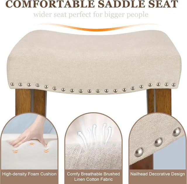 Alt view image 5 of 7 - PrimeZone Counter Height Bar Stools Set of 4 - Backless Saddle Barstools with 4.3" Thick Upholstered, Nailhead Trim Linen Fabric & Solid Wood Legs, 24 Inch Counter Stools for Kitchen Island, Beige