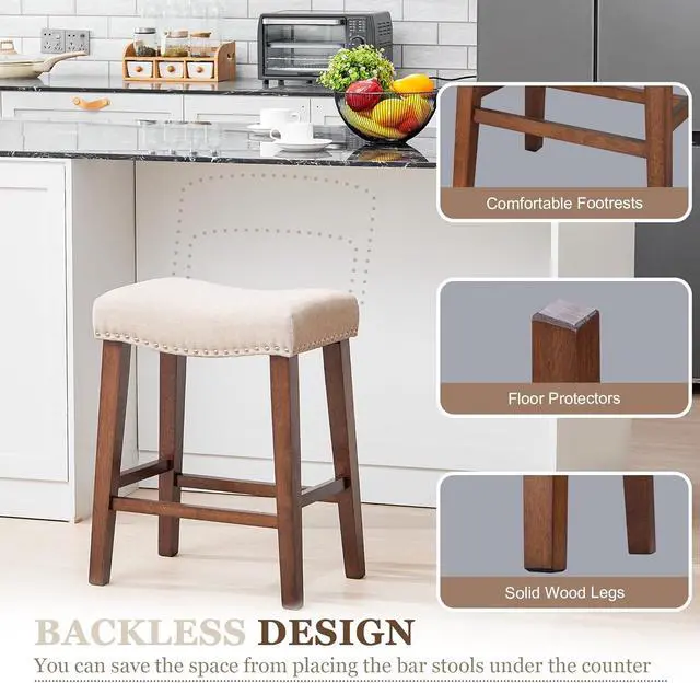 Alt view image 6 of 7 - PrimeZone Counter Height Bar Stools Set of 4 - Backless Saddle Barstools with 4.3" Thick Upholstered, Nailhead Trim Linen Fabric & Solid Wood Legs, 24 Inch Counter Stools for Kitchen Island, Beige