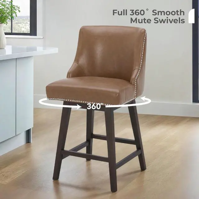 Alt view image 4 of 7 - CHITA Counter Height Swivel Bar Stools Set of 2, FSC Certified Upholstered Counter Stools, Modern Swivel Barstools with Wood Legs for Kitchen Island, 26" Seat Height, Faux Leather in Saddle Brown