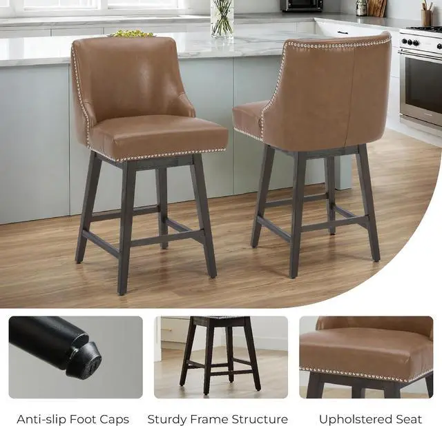Alt view image 5 of 7 - CHITA Counter Height Swivel Bar Stools Set of 2, FSC Certified Upholstered Counter Stools, Modern Swivel Barstools with Wood Legs for Kitchen Island, 26" Seat Height, Faux Leather in Saddle Brown