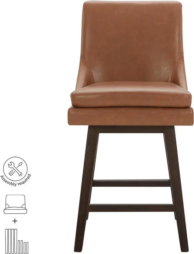 Alt view image 6 of 7 - CHITA Counter Height Swivel Barstool with Back Set of 2, FSC Certified Upholstered Faux Leather Swivel Bar Stool, 26.8" H Seat Height, PU Leather in Retro Brown