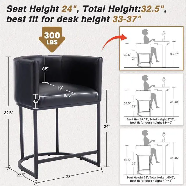Alt view image 2 of 7 - HNY Black Modern Barrel Counter Height Clearance Bar Stools Set of 3, 24 Inch PU Leather Kitchen Barstools with Back for Island, with Black Metal Tubular Frame