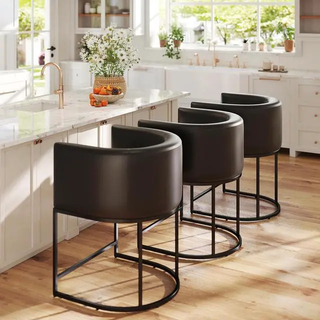Alt view image 3 of 7 - HNY Black Modern Barrel Counter Height Clearance Bar Stools Set of 3, 24 Inch PU Leather Kitchen Barstools with Back for Island, with Black Metal Tubular Frame