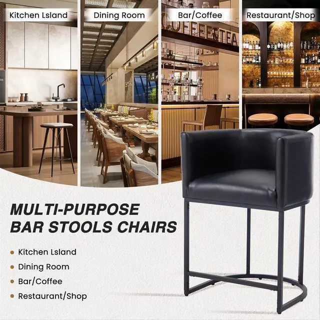 Alt view image 5 of 7 - HNY Black Modern Barrel Counter Height Clearance Bar Stools Set of 3, 24 Inch PU Leather Kitchen Barstools with Back for Island, with Black Metal Tubular Frame