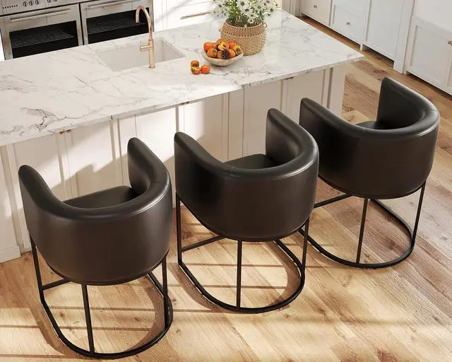 Alt view image 6 of 7 - HNY Black Modern Barrel Counter Height Clearance Bar Stools Set of 3, 24 Inch PU Leather Kitchen Barstools with Back for Island, with Black Metal Tubular Frame