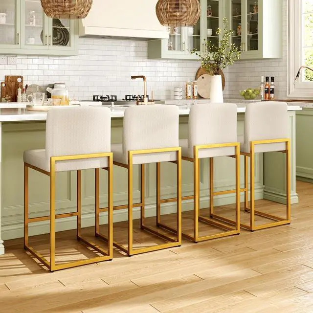 Main image of MAISON ARTS Off White & Gold Bar Stools Set of 4, Counter Height 24 Inch Barstools with Back, Modern Faux Leather Upholstered Bar Chairs for Kitchen Island & Home Bar, Metal Frame, Supports 330 lbs