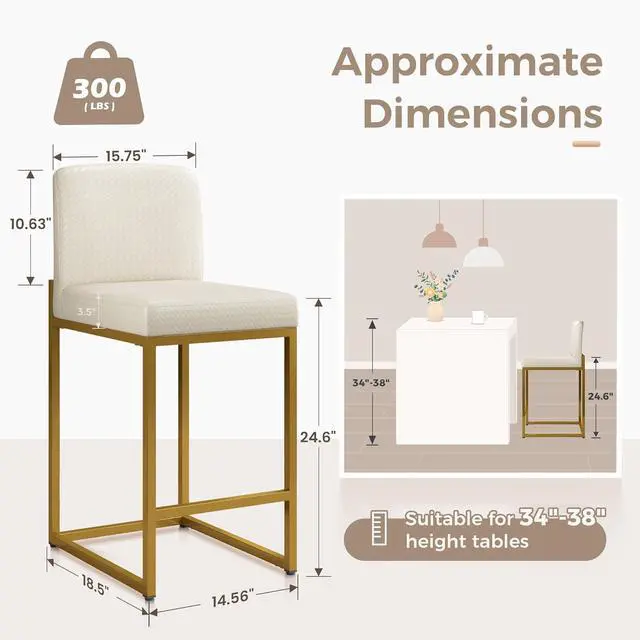 Alt view image 2 of 7 - MAISON ARTS Off White & Gold Bar Stools Set of 4, Counter Height 24 Inch Barstools with Back, Modern Faux Leather Upholstered Bar Chairs for Kitchen Island & Home Bar, Metal Frame, Supports 330 lbs