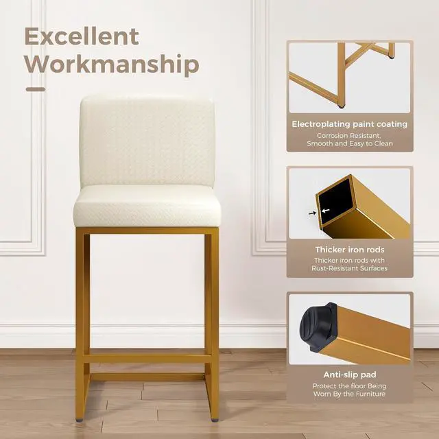 Alt view image 6 of 7 - MAISON ARTS Off White & Gold Bar Stools Set of 4, Counter Height 24 Inch Barstools with Back, Modern Faux Leather Upholstered Bar Chairs for Kitchen Island & Home Bar, Metal Frame, Supports 330 lbs