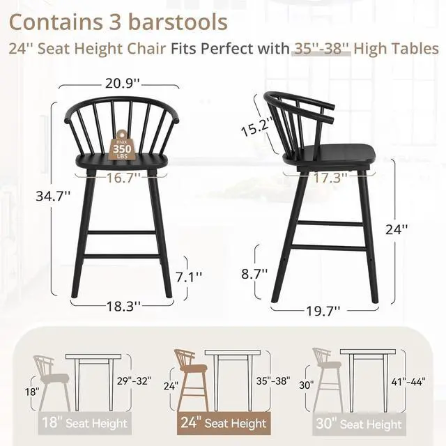 Alt view image 5 of 7 - LUE BONA Bar Stools Set of 3, Black Farmhouse Barstools with Semicircular Backrest, Mid Century Modern Counter Height Bar Stools for Kitchen Island, 24 Inch