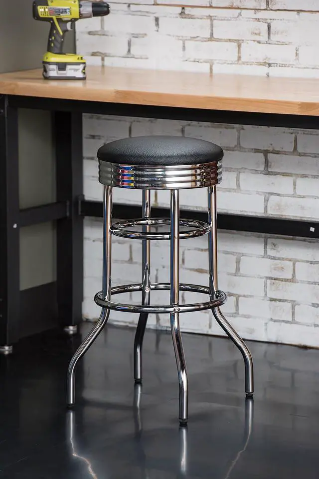 Alt view image 6 of 7 - TRINITY Heavy Duty 30-Inch Backless Swivel Bar Stool for Kitchen, Garage, or Workshop, Chrome Finish with Faux Leather Seat, 2 Pack, Black