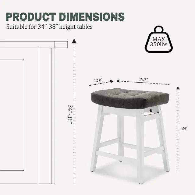 Alt view image 2 of 7 - Counter Height Bar Stools Set of 4 for Kitchen Counter Farmhouse Modern Barstools with Faux Leather Upholstered Backless Seat and Solid Wood Legs 24 inch Bar Chairs, Grey + White