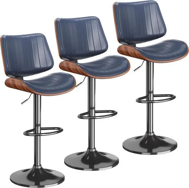Main image of Swivel Bar Stools Set of 3, Adjustable Bentwood Barstools for Kitchen Counter, Modern PU Leather Upholstered Bar Chair with Back and Footrest, for Kitchen Island, Bar, Dining Room, Navy