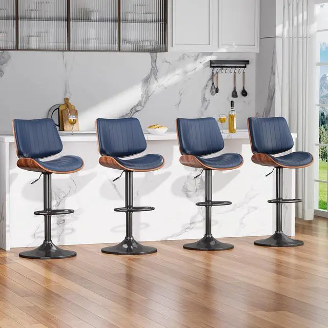 Alt view image 2 of 7 - Swivel Bar Stools Set of 3, Adjustable Bentwood Barstools for Kitchen Counter, Modern PU Leather Upholstered Bar Chair with Back and Footrest, for Kitchen Island, Bar, Dining Room, Navy