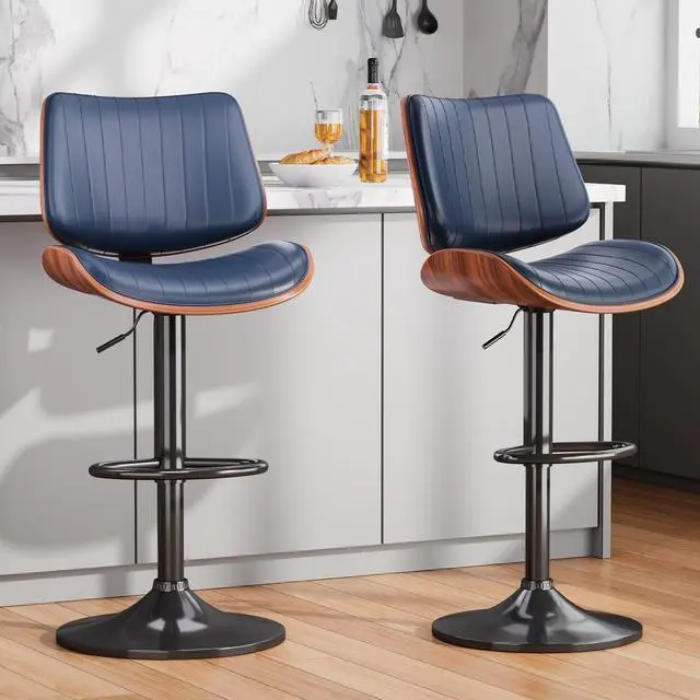 Alt view image 4 of 7 - Swivel Bar Stools Set of 3, Adjustable Bentwood Barstools for Kitchen Counter, Modern PU Leather Upholstered Bar Chair with Back and Footrest, for Kitchen Island, Bar, Dining Room, Navy