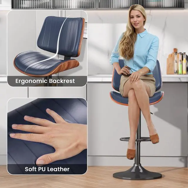 Alt view image 6 of 7 - Swivel Bar Stools Set of 3, Adjustable Bentwood Barstools for Kitchen Counter, Modern PU Leather Upholstered Bar Chair with Back and Footrest, for Kitchen Island, Bar, Dining Room, Navy