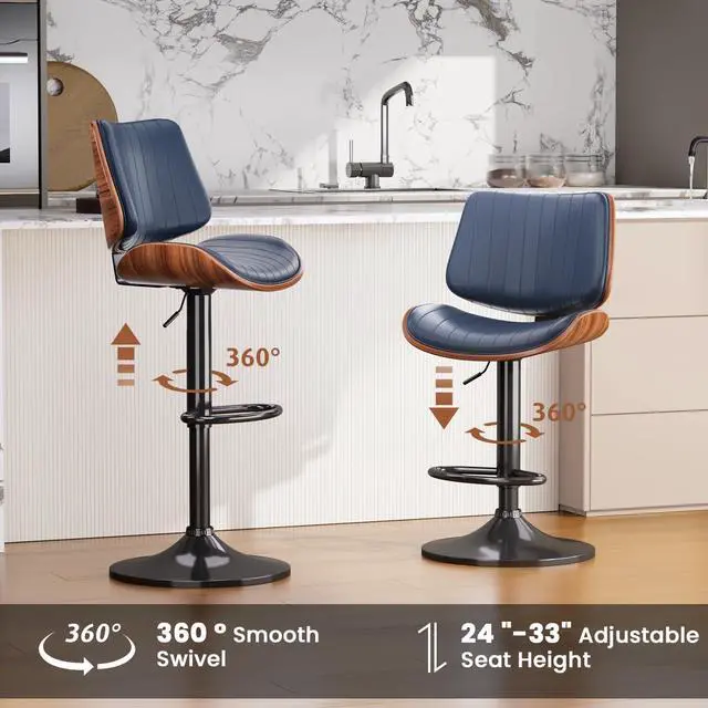 Alt view image 7 of 7 - Swivel Bar Stools Set of 3, Adjustable Bentwood Barstools for Kitchen Counter, Modern PU Leather Upholstered Bar Chair with Back and Footrest, for Kitchen Island, Bar, Dining Room, Navy
