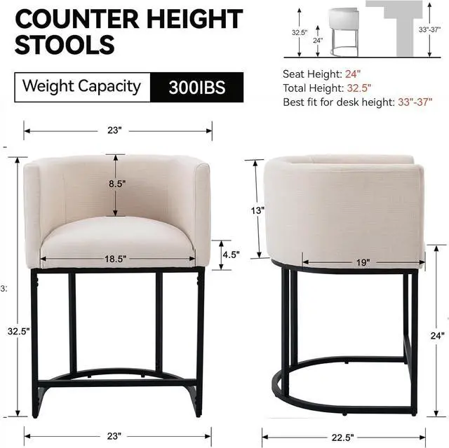 Alt view image 2 of 7 - Contemporary Cream Linen Bar Stools Set of 3, 24" Upholstered Fabric Counter Height Barstools Kitchen Counter Island Stools with Screwed Together Black Metal Base