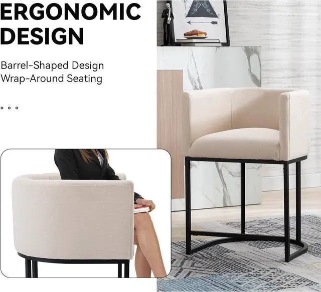 Alt view image 4 of 7 - Contemporary Cream Linen Bar Stools Set of 3, 24" Upholstered Fabric Counter Height Barstools Kitchen Counter Island Stools with Screwed Together Black Metal Base