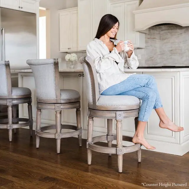Alt view image 2 of 7 - Maven Lane Pullman Bar Stool  31 Inch Swivel Stool with Footrest  Grey Solid Wood Frame & Grey Fabric Upholstery  Perfect for Bars, Pub Tables & Tall Kitchen Counters