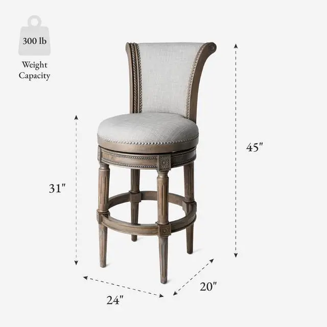 Alt view image 3 of 7 - Maven Lane Pullman Bar Stool  31 Inch Swivel Stool with Footrest  Grey Solid Wood Frame & Grey Fabric Upholstery  Perfect for Bars, Pub Tables & Tall Kitchen Counters
