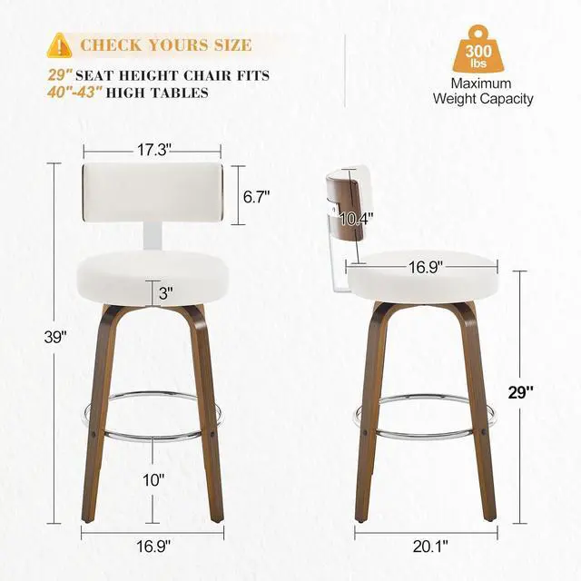Alt view image 2 of 7 - Swivel Bar Height Bar Stools Set of 3, Faux Leather Kitchen Stools Upholstered Barstools with Back, Walnut Wood Legs, Tall Bar Stools for Kitchen Island, 29 inch Seat Height, White