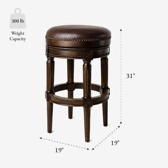 Alt view image 3 of 7 - Maven Lane Pullman Backless Bar Stool 31 Inches  Swivel Stool with Footrest  Brown Solid Wood Frame & Brown Faux Leather Upholstery  Perfect for Bars, Pub Tables & Tall Kitchen Counters
