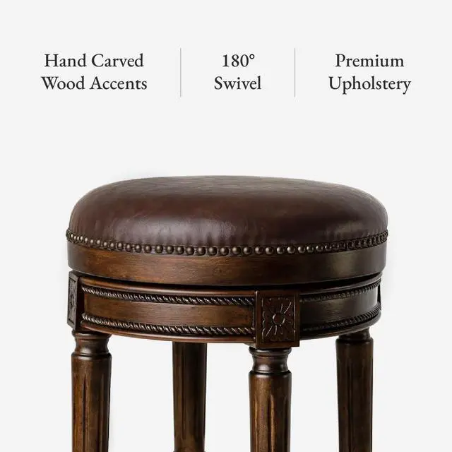 Alt view image 4 of 7 - Maven Lane Pullman Backless Bar Stool 31 Inches  Swivel Stool with Footrest  Brown Solid Wood Frame & Brown Faux Leather Upholstery  Perfect for Bars, Pub Tables & Tall Kitchen Counters