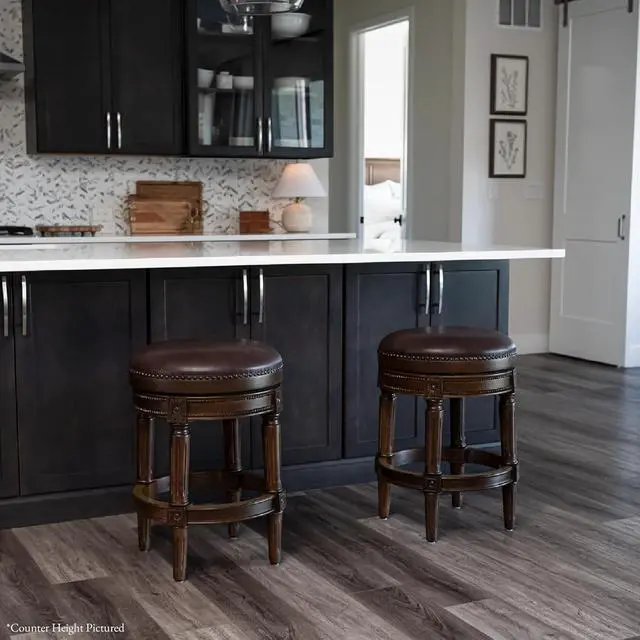 Alt view image 7 of 7 - Maven Lane Pullman Backless Bar Stool 31 Inches  Swivel Stool with Footrest  Brown Solid Wood Frame & Brown Faux Leather Upholstery  Perfect for Bars, Pub Tables & Tall Kitchen Counters
