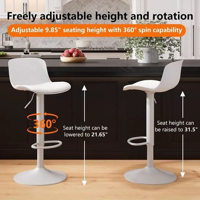 Alt view image 3 of 7 - Kidol & Shellder Bar Stools Set of 2 Adjustable Swivel Counter Height Stools, Modern PU Leather Upholstered with Back Solid Color Barstools for Kitchen Island White