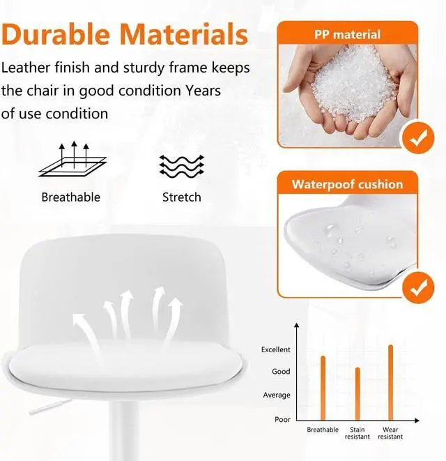 Alt view image 4 of 7 - Kidol & Shellder Bar Stools Set of 2 Adjustable Swivel Counter Height Stools, Modern PU Leather Upholstered with Back Solid Color Barstools for Kitchen Island White