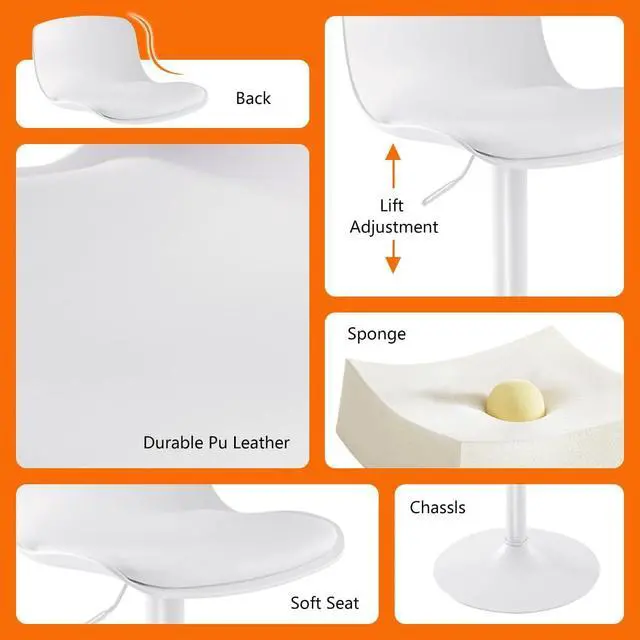 Alt view image 6 of 7 - Kidol & Shellder Bar Stools Set of 2 Adjustable Swivel Counter Height Stools, Modern PU Leather Upholstered with Back Solid Color Barstools for Kitchen Island White